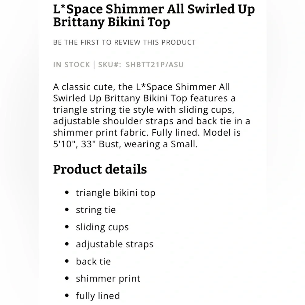 L*Space Brittany Bikini Top in All Swirled‎ Up, Triangle Style, Size Medium, NWT